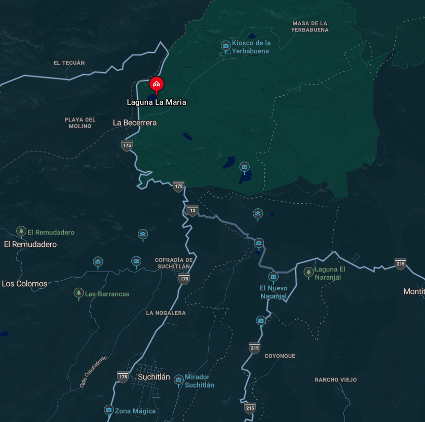 Mapa de ubicación de Laguna La María, con el pin marcando el punto exacto
